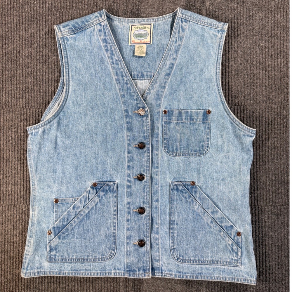 Vintage 90s St Johns Bay Denim Vest Womens Large Light Wash Blue Cotton Buttons